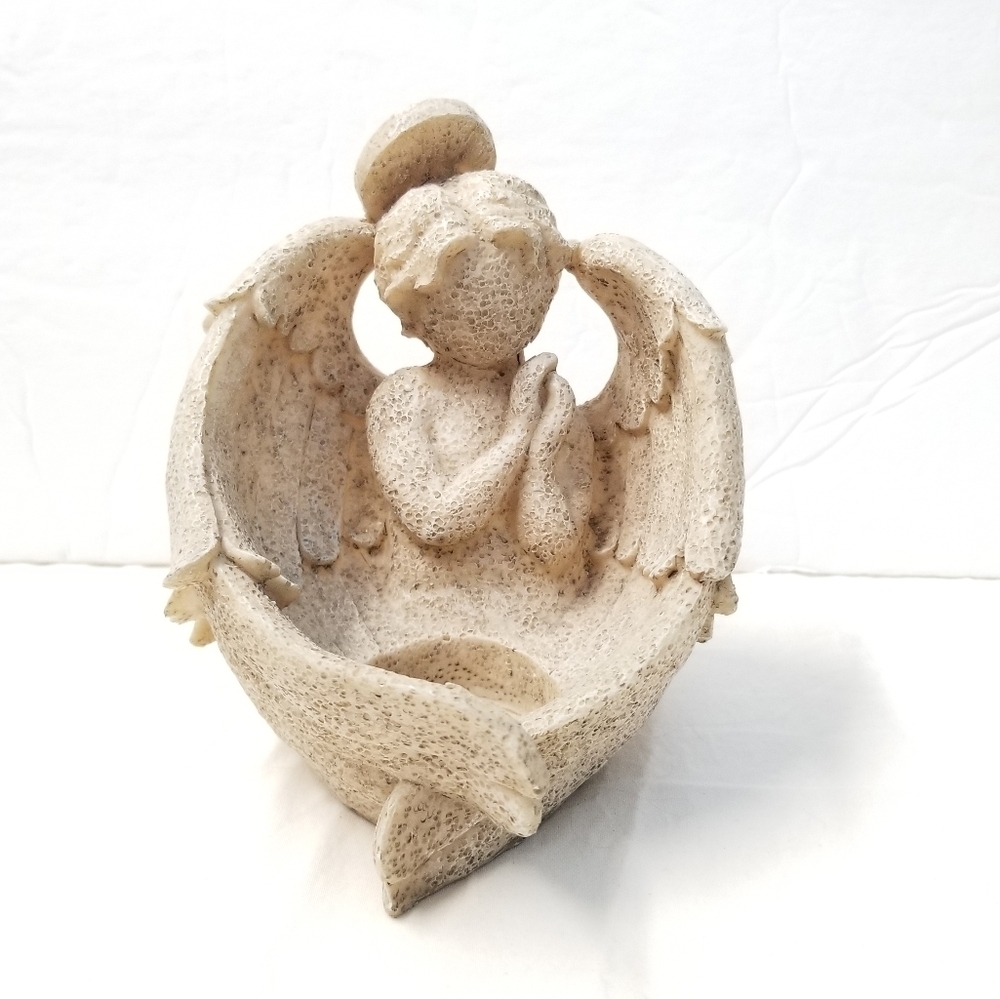 Textured Stone Biege Sitting Angel Candle Holder